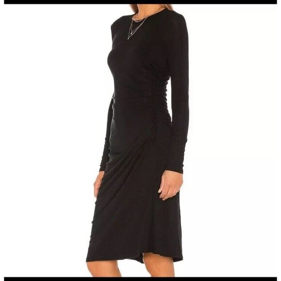 Theory Long Sleeve Round Neck Gathered Ruched Sides Black Jersey Dress Sz M - Picture 3 of 11